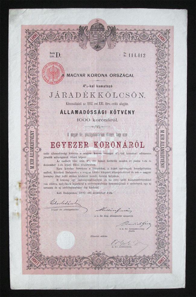 llamadssgi Ktvny Jradkklcsn 1000 korona 1892